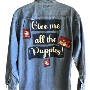 Upcycled Denim Patchwork Shirt, Size L: Give Me All the Puppies Dog Lover Jacket